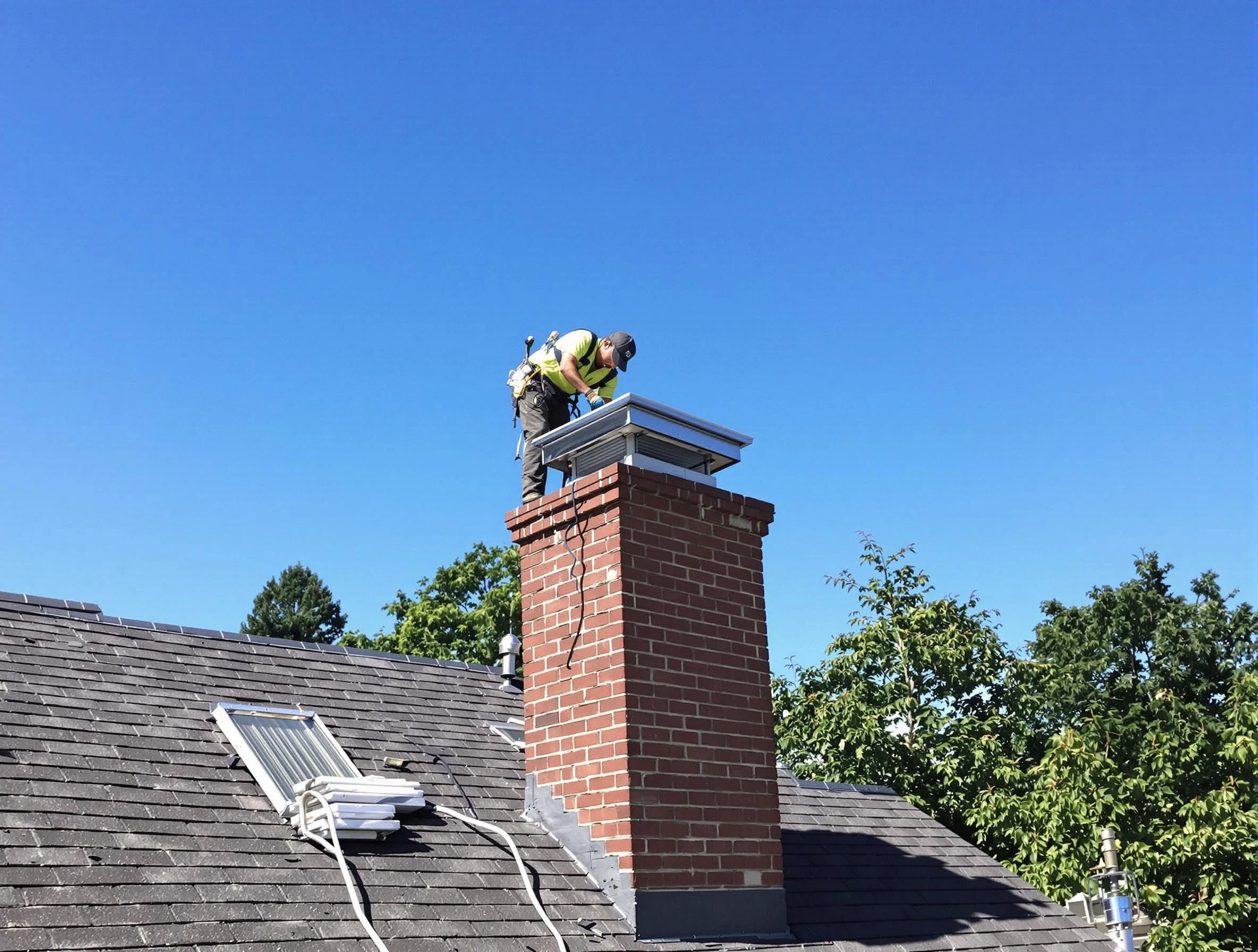 Lindon Chimney Sweep technician measuring a chimney cap in Lindon, UT
